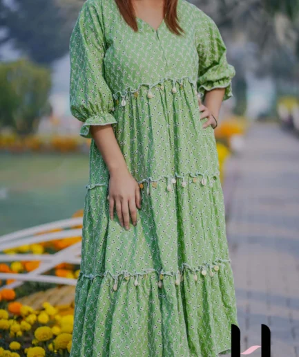 Chikankari Maxi Dress with Cowrie Shell Work