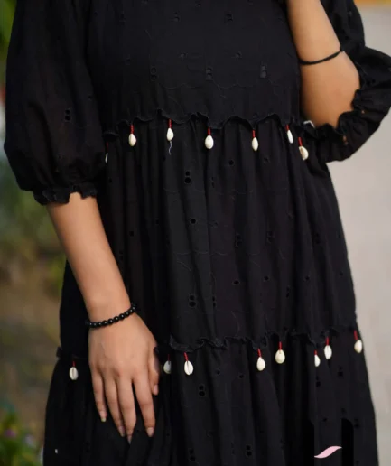 Black Chikankari Maxi Set with Golden Coin Embroidery – Elegant flowy maxi dress with fitted trousers