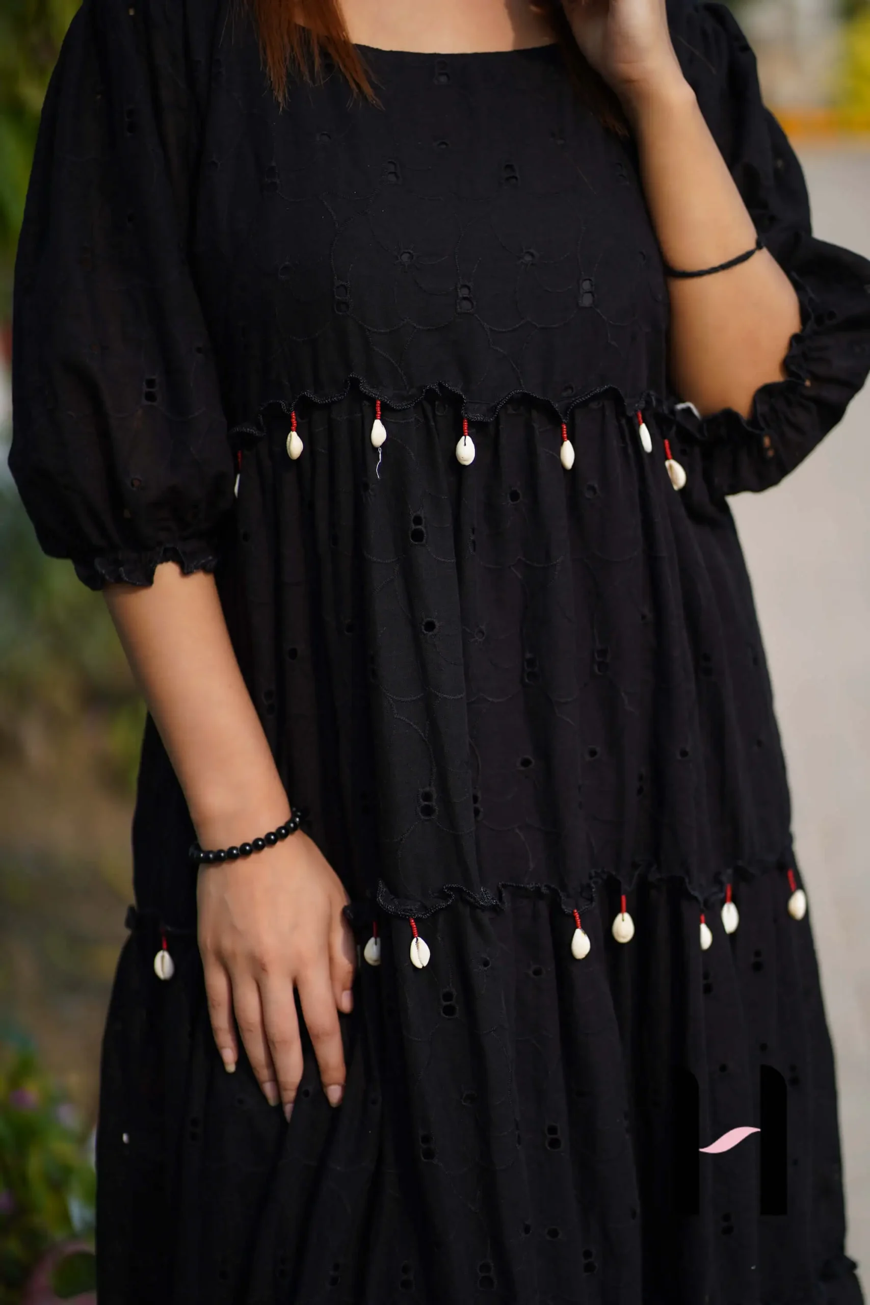 Black Chikankari Maxi Set with Trousers Black Chikankari Maxi Set with Golden Coin Embroidery – Elegant flowy maxi dress with fitted trousers