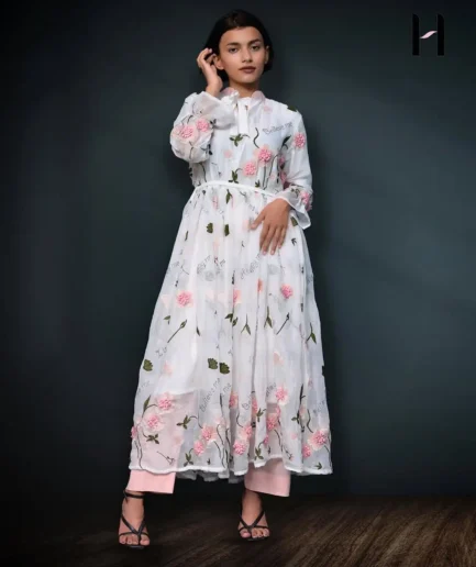 White Floral Chiffon Dress Set – A flowy white dress.