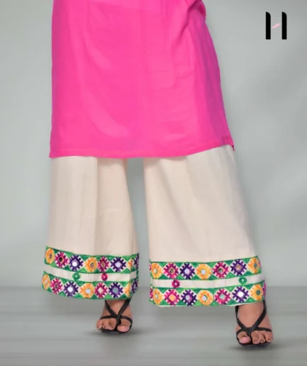 Long Shirt with Embroidered Palazzo – Soft linen shirt with embroidered lace and flowy khaddar palazzo