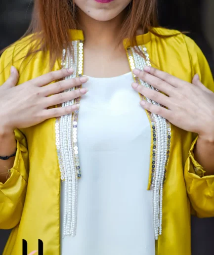 Mustard Yellow Three-Piece Dress Set featuring an open-front silk coat with handmade pearl and chain embroidery.