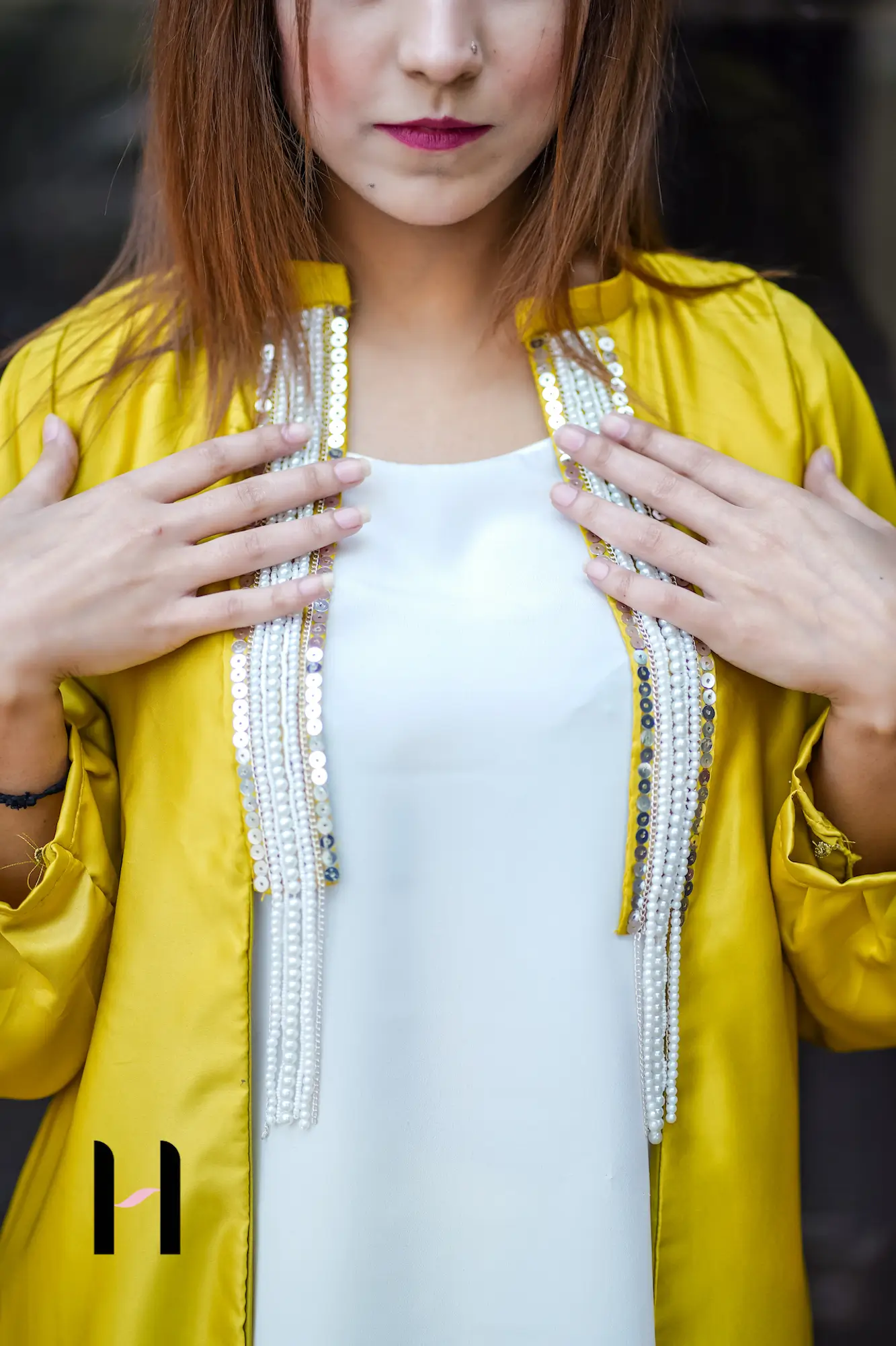 Mustard Yellow Dress Coat Set Mustard Yellow Three-Piece Dress Set featuring an open-front silk coat with handmade pearl and chain embroidery.