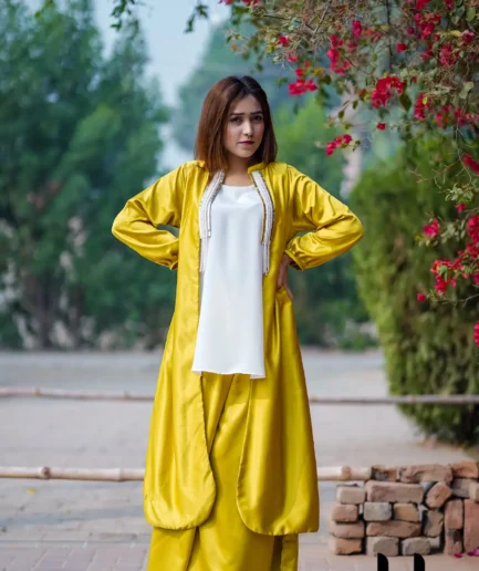 Mustard Yellow Three-Piece Dress Set featuring an open-front silk coat with handmade pearl and chain embroidery, paired with a flared palazzo and white inner.