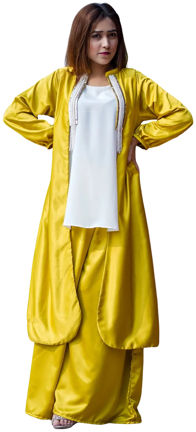 Mustard Yellow Three-Piece Dress Set featuring an open-front silk coat with handmade pearl and chain embroidery, paired with a flared palazzo and white inner.