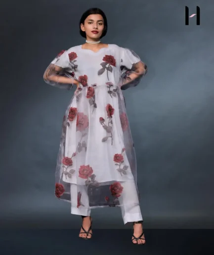 Organza Frock Set featuring a sheer flowy frock, soft linen camisole, and matching trousers