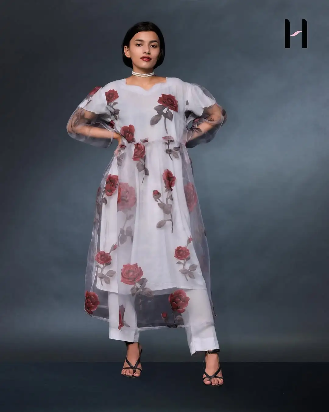 Organza Frock Set Organza Frock Set featuring a sheer flowy frock, soft linen camisole, and matching trousers