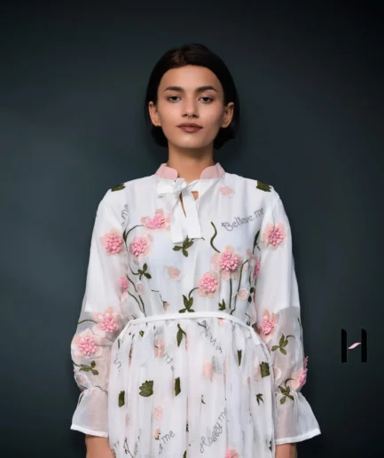 White Floral Chiffon Dress Set – A flowy white dress with a delicate pop-up flower design, paired with fitted trousers for a stylish and comfortable look.