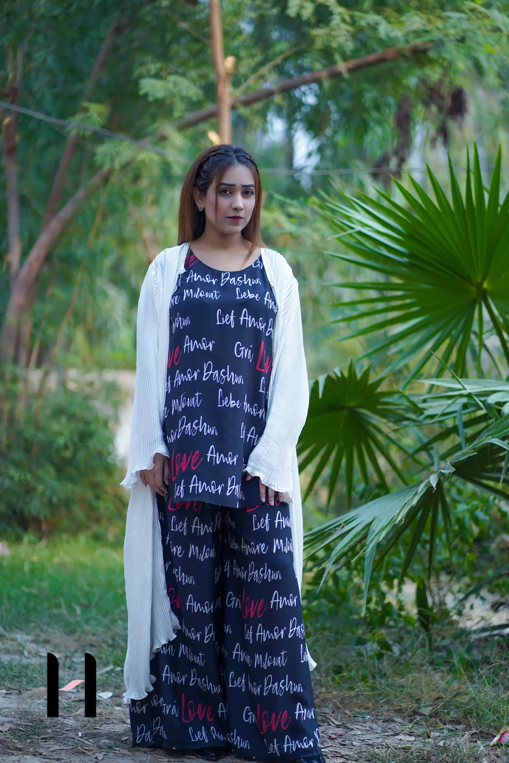 White Pleated Shrug with Printed Inner and Palazzo White Pleated Shrug with Printed Inner and Palazzo