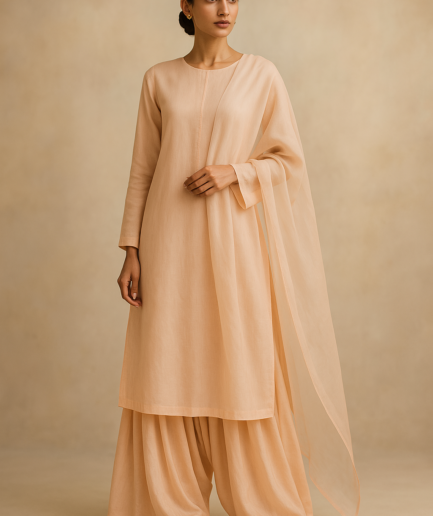 Model wearing a dusty rose Farshi Shalwar Kameez with long kameez and wide shalwar from the Rang e Seher collection by Hannah Syed.