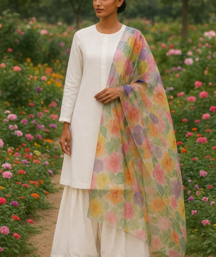 White Farshi Shalwar Kameez with Multi Dupatta