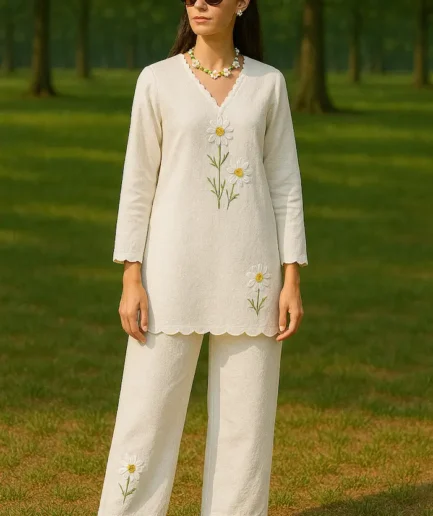 White Embroidered Co-Ord Set - by Hannah Syed